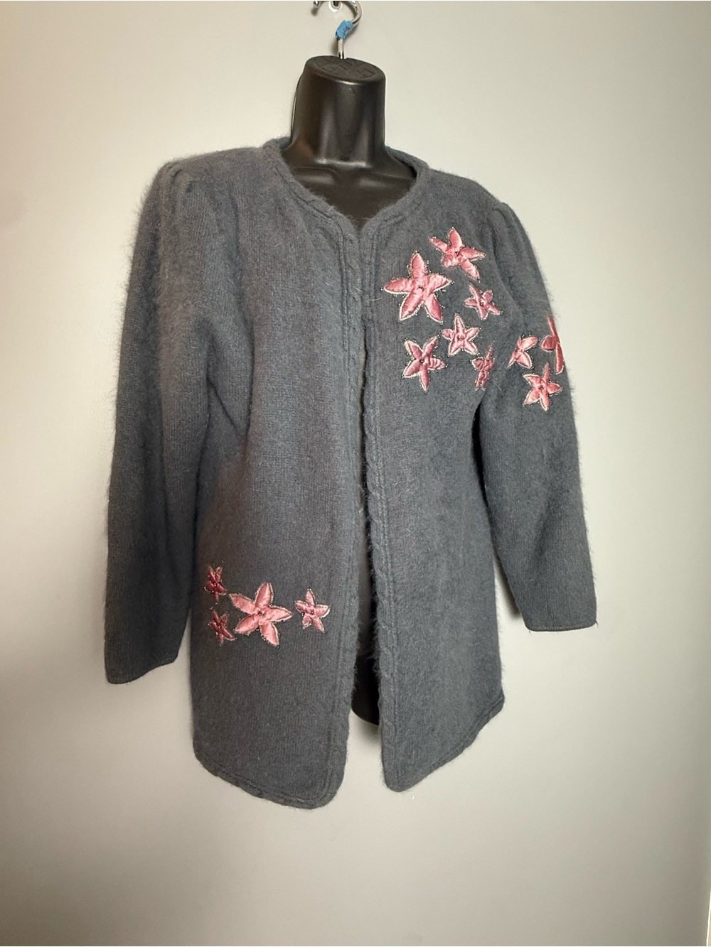 Vintage Korean Angora Soft Gray Open Front Cardigan With Satin Appliqué Flowers
